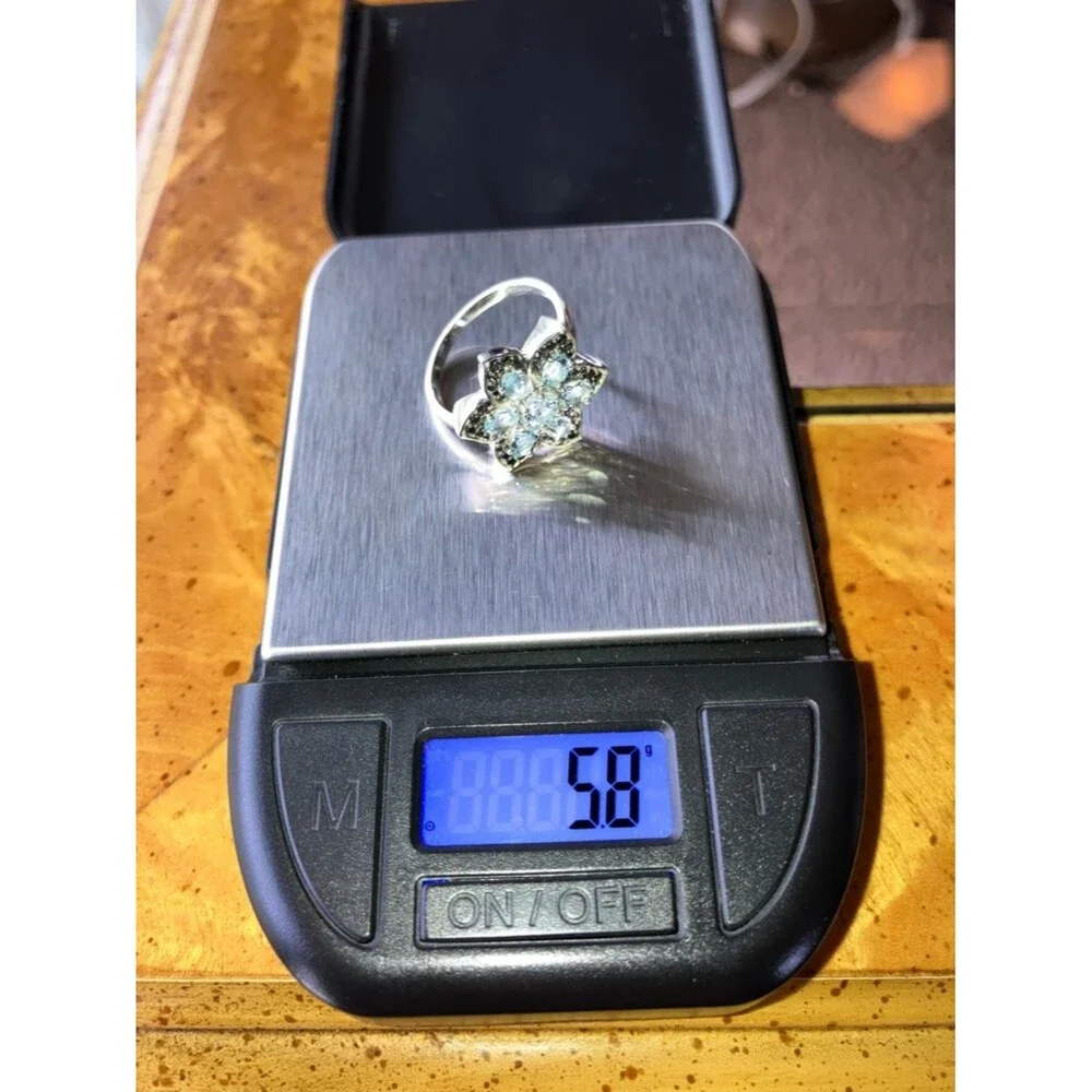 Natural Aquamarine Black Spinel Sterling Silver Ring Size 8